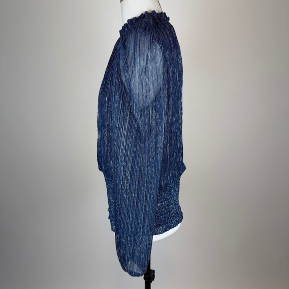 Joie Navy Blue Metallic Pleated Smocked High Neck Blouse Womens Large Party Glam - Picture 4 of 11